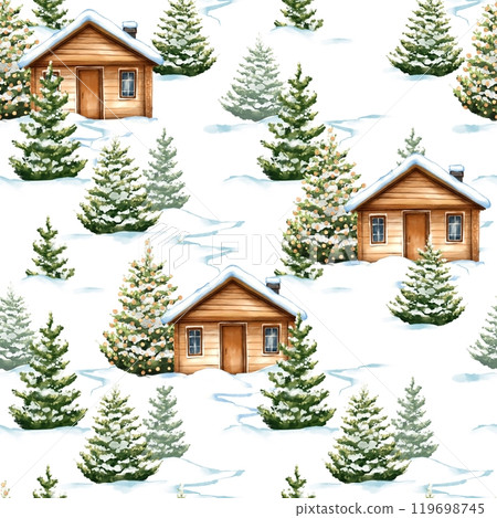 Seamless pattern with chalet. Wooden cabin in fir forest. Winter woodland. Hand drawn background, perfect for Christmas card or print design. Seamless pattern with chalet. Wooden cabin in fir forest. Winter woodland. Hand drawn background, perfect for Christmas card or print design. 119698745