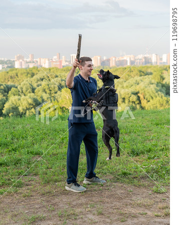 Pit bull terrier jumps for a stick. Guy training a dog. Vertical photo. Pit bull terrier jumps for a stick. Guy training a dog. Vertical photo. 119698795