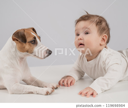 Cute baby boy and Jack Russell terrier dog lying in an embrace on a white background.  119698984