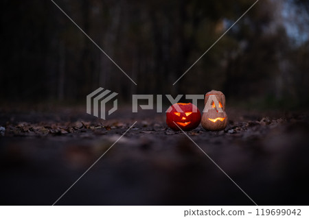 Two jack o' latterns for halloween in the woods. Halloween decoration.  119699042