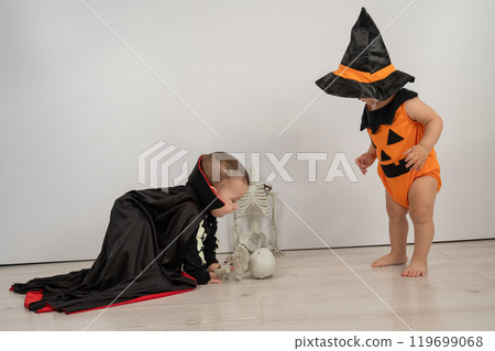 Cute kids celebrate halloween on white background. Two little boys in dracula costume and pumpkin. Cute kids celebrate halloween on white background. Two little boys in dracula costume and pumpkin. 119699068