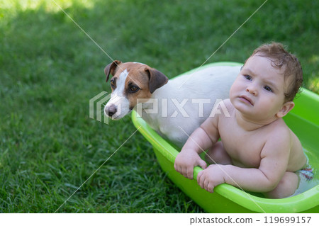 Cute boy bathes in a basin with a Jack Russell terrier dog outdoors in the summer. 119699157
