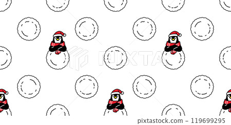 penguin seamless pattern christmas santa claus hat polka dot snow scarf arms crossed doodle cartoon gift wrapping paper tile background repeat wallpaper illustration isolated design 119699295