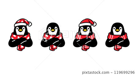 penguin vector christmas tree santa claus hat  arms crossed icon knitting scarf bird logo cartoon character doodle illustration symbol design isolated 119699296