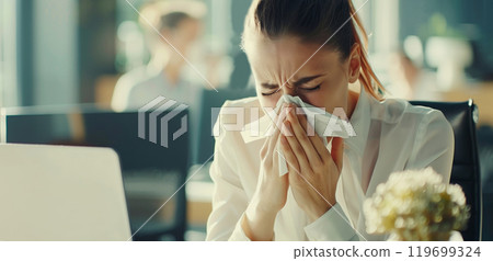 Sick exhausted woman employee sneezing blow nose with tissue, suffers from influenza virus in office 119699324