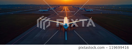 Passenger airplane taxis down the runway at sunset, surrounded by other aircraft, casting a warm golden glow over the tarmac 119699416