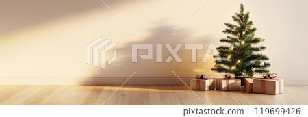 Simple and elegant Christmas tree in a bright room, presents underneath, ideal for holiday season mock-ups. Simple and elegant Christmas tree in a bright room, presents underneath, ideal for holiday season mock-ups. 119699426