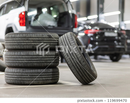 Changing tires for a car according to the season.  119699470
