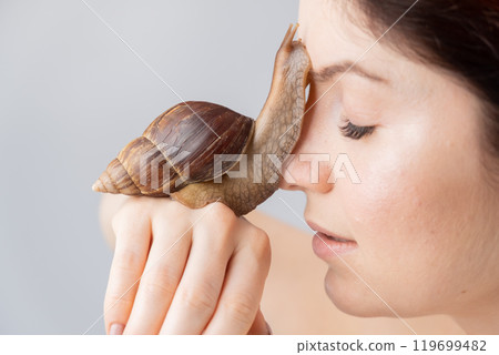 Closeup of a Caucasian woman holding a large snail. The use of shellfish in cosmetology. Closeup of a Caucasian woman holding a large snail. The use of shellfish in cosmetology. 119699482