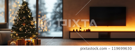 Christmas tree with twinkling lights and presents in a modern, warmly lit living room. Cozy holiday scene. 119699630