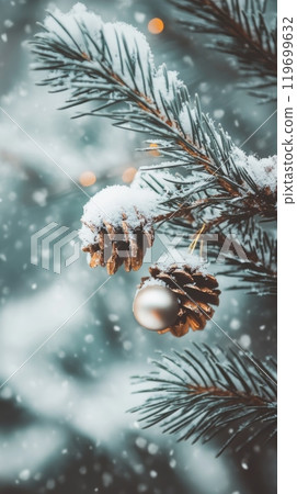 Frosty Christmas decoration with pine cones and a bauble on a snowy branch 119699632