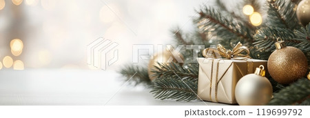 Gifts wrapped in golden paper with pine branches and baubles. Gifts wrapped in golden paper with pine branches and baubles. 119699792