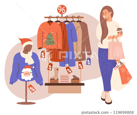 Christmas shopping, seasonal sale clothing. Girl with coffee and packages near rack with clothes and mannequin in ugly xmas sweater with Santa. Vector illustration. Female shopper, New Year purchase. Christmas shopping, seasonal sale clothing. Girl with coffee and packages near rack with clothes and mannequin in ugly xmas sweater with Santa. Vector illustration. Female shopper, New Year purchase. 119699808