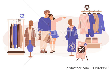 Happy buyers in store on shopping sale. Man with packages and girl choose clothes on racks of hangers and mannequins with fashionable female clothing. Vector illustration. Holiday shopper, purchase. Happy buyers in store on shopping sale. Man with packages and girl choose clothes on racks of hangers and mannequins with fashionable female clothing. Vector illustration. Holiday shopper, purchase. 119699813