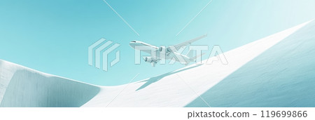 White plane flies gracefully over snow covered mountains in warm sunlight against a blue sky, evoking tranquility and adventure for travel concepts 119699866