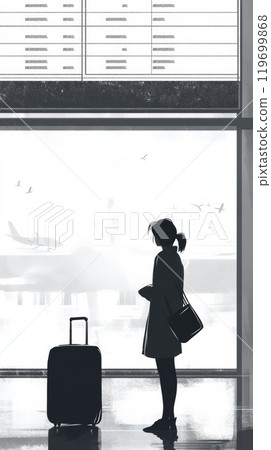 Young woman is standing with her luggage in an airport terminal, watching airplanes take off through the large windows 119699868