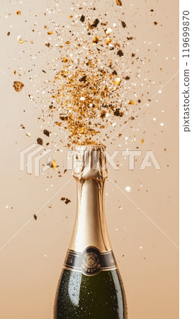 Gold champagne bottle with glittering confetti explosion for New Year and Christmas celebrations. Festive holiday background. 119699870