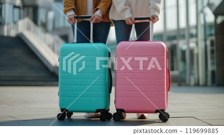 Two confident businesswomen in pink and blue outfits wait outside the airport with luggage, ready for their stylish business trip 119699885