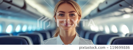 Young blonde flight attendant smiling warmly in an airplane aisle, exuding happiness and professionalism while serving passengers. Blue hues create a tranquil atmosphere 119699886