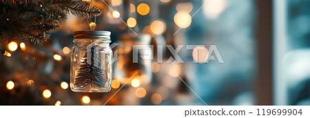 Christmas tree decorated with mason jar ornaments with mini trees glowing in soft bokeh background. Ideal festive decor for Christmas and New Year. 119699904
