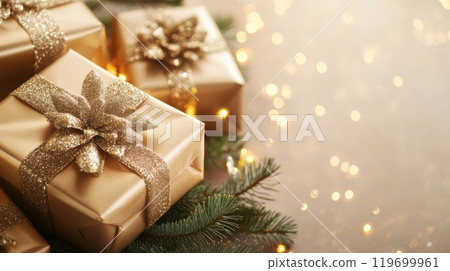 Gold holiday presents with glittering ribbons and pine branches. Elegant Christmas gift scene for the holidays or New Year. 119699961