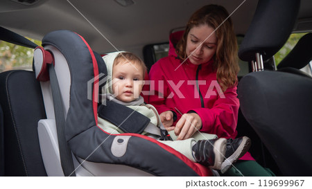 Caucasian woman buckles her toddler son into a car seat. Caucasian woman buckles her toddler son into a car seat. 119699967
