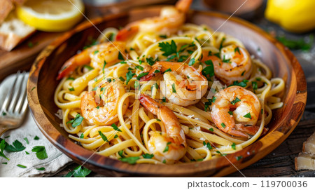 Lemon Garlic Shrimp Linguine with succulent shrimp in zesty lemon garlic butter sauce 119700036