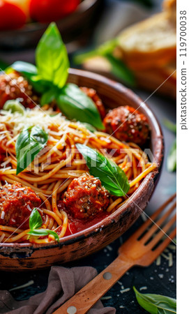Classic spaghetti with meatballs, rich marinara, Parmesan, and fresh basil 119700038