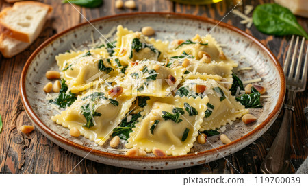 Homemade ravioli with ricotta and spinach, topped with sage butter sauce 119700039
