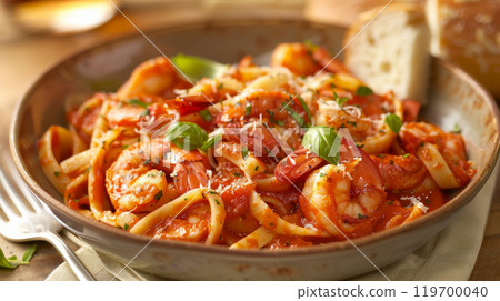Linguine pasta with lobster in a rich tomato cream sauce 119700040