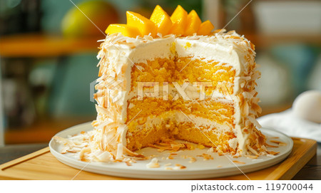 Tropical mango coconut cake with coconut cream frosting, toasted flakes, and mango slices on a bamboo tray Tropical mango coconut cake with coconut cream frosting, toasted flakes, and mango slices on a bamboo tray 119700044
