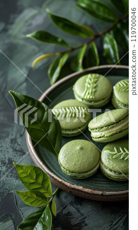 Matcha Green Tea Macarons: Delicate macarons with white chocolate ganache, arranged on a Japanese ceramic plate with green tea leaves 119700046