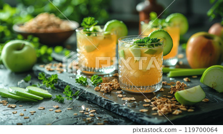 **Breakfast Table with Glasses of Apple Celery Juice, Garnished with Celery Sticks and Apple Slices** 119700064