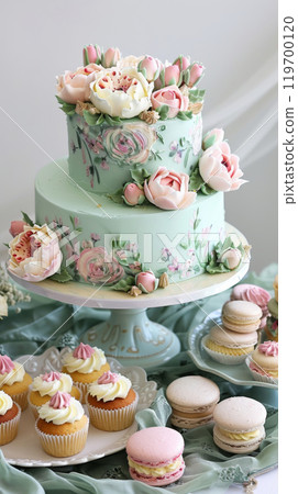 Floral Garden Cake: Elegant cake with buttercream roses and peonies in pastel colors, surrounded by matching cupcakes and macarons on a floral cake stand 119700120