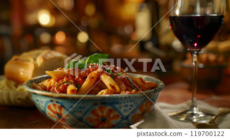 Gourmet penne pasta in spicy arrabbiata sauce with tomatoes, garlic, chili flakes, and fresh basil 119700122
