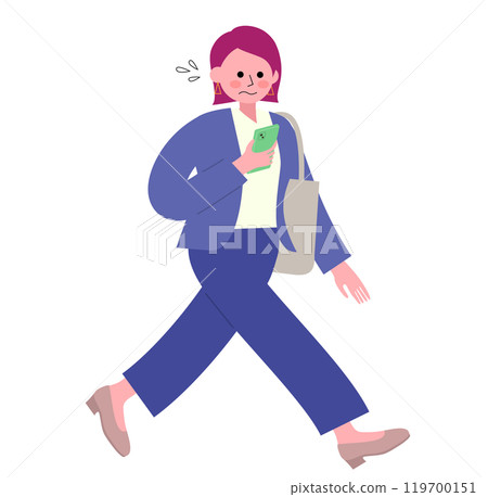 A full-body illustration of a woman wearing a pantsuit and pumps walking with a worried look on her face while looking at her smartphone 119700151
