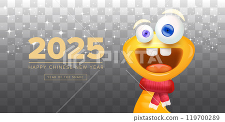 Happy Chinese New Year 2025 illustration vector design with cute and elegant golden snake on transparent background. Cartoon snake with scarf symbol of 2025 lunar year. Happy Chinese New Year 2025 illustration vector design with cute and elegant golden snake on transparent background. Cartoon snake with scarf symbol of 2025 lunar year. 119700289