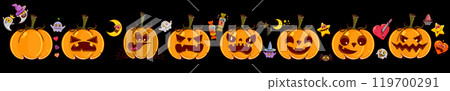 Set pumpkins isolated on black background. Orange pumpkins with smile, ghosts, spiders, witch hats for your design for the holiday Halloween. October holiday design elements. Vector illustration. Set pumpkins isolated on black background. Orange pumpkins with smile, ghosts, spiders, witch hats for your design for the holiday Halloween. October holiday design elements. Vector illustration. 119700291