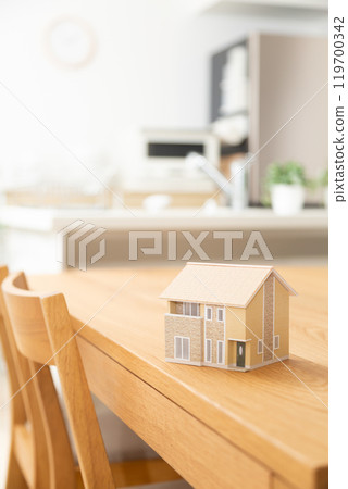 A model house placed in the living/dining/kitchen area 119700342