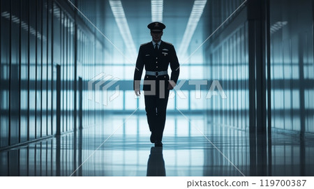 Confident pilot in uniform walking through modern airport terminal, ready for next flight. Professional and determined, navigating bustling corridor with airplane reflections visible 119700387