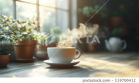 White cup of hot coffee, cappuccino stands on a wooden background White cup of hot coffee, cappuccino stands on a wooden background 119700412