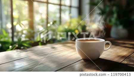 White cup of hot coffee, cappuccino stands on a wooden background White cup of hot coffee, cappuccino stands on a wooden background 119700413
