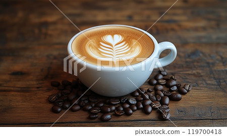 A white cup of hot cappuccino with coffee beans stands on a wooden background. Rustic style, space for text 119700418