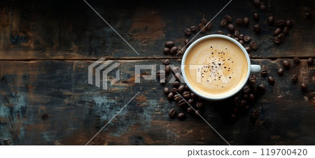 A white cup of hot cappuccino with coffee beans stands on a wooden background. Rustic style, space for text 119700420