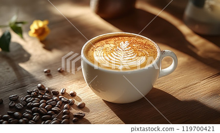 A white cup of hot cappuccino with coffee beans stands on a wooden background. Rustic style, space for text 119700421