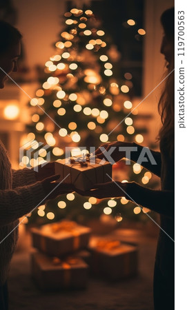 Couple exchanging gifts in a warm, festive setting in front of a beautifully lit Christmas tree. 119700563