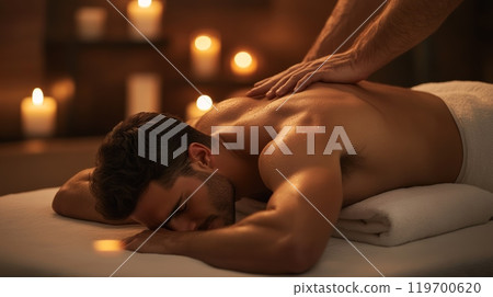 Male masseur is giving a relaxing back massage to a male client lying on a massage table in a spa center. The room is dimly lit with candles, creating a peaceful atmosphere 119700620