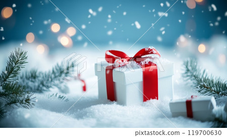 Christmas gift boxes nestled in snow, creating a perfect festive background or mock up. 119700630