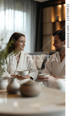 Couple relaxing at a spa, enjoying tea in bathrobes after a massage. Smiling and talking, they cherish togetherness in a cozy setting 119700632