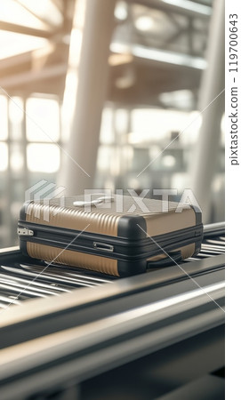 Suitcase on a baggage carousel at the airport, bathed in sunset light, evoking travel excitement and adventure 119700643